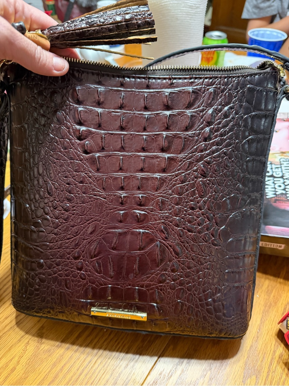 Brahmin Crossbody Bag in Deep Burgundy Croc-Embossed Leather